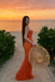 Unique Orange Lace Mermaid Prom Dress Strapless Illusion Beach Event Gown,OLP2125
