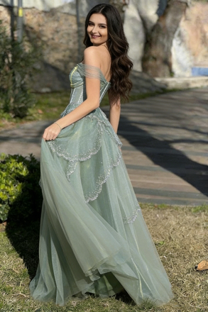 Romantic Green Glitter Tulle Layered Skirt Prom Gown with Off-Shoulder Sleeves,OLP2182