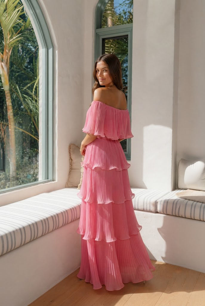 Stunning Pink Pleated Off-the-Shoulder Short Sleeve Maxi Prom Dress Classy,OLP2367