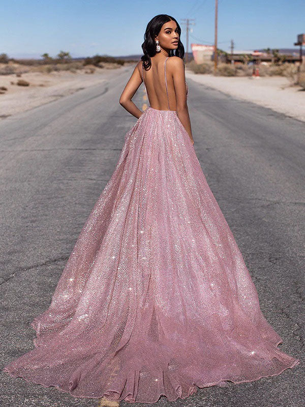Sparkle Dusty Pink Deep V-Neck Backless Long A-line Evening Prom Dresses,OLP1726