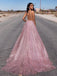 Sparkle Dusty Pink Deep V-Neck Backless Long A-line Evening Prom Dresses,OLP1726