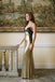 Classy Metallic Champagne Gold Slip Gown with Black Lace Detail Unique Prom Dress,OLP2306