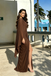 Coffee Brown Corset Prom Dress One Shoulder Cape Sleeve Beaded Mesh High Slit,OLP2259