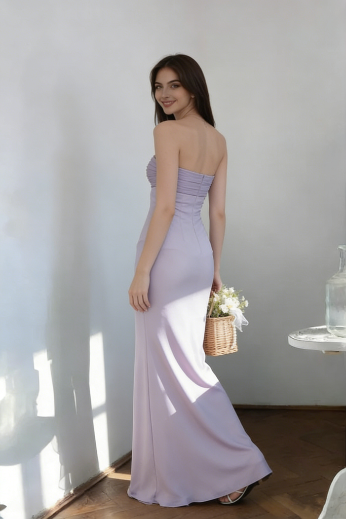 Modern Lavender Prom Gown Strapless Floral Accent Chiffon Sheath Evening Dress,OLP2185