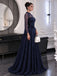 Classy Navy Blue High-Neck Long Sleeve Ball Gown Fancy Beaded Lace Prom Dress,OLP2442