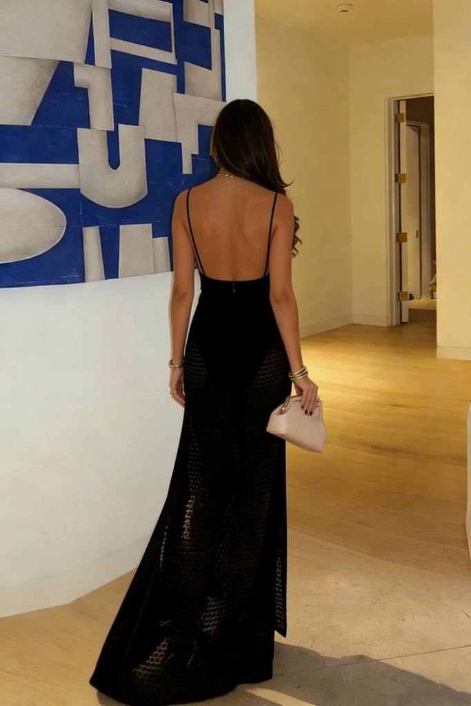 Sexy Black Cutout Prom Dress Sleeveless Mesh Maxi Gown with Ring Detail,OLP1778