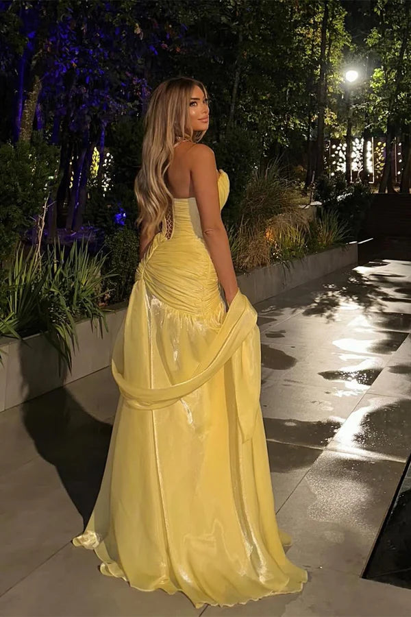 Unique Strapless Ruched Yellow Chiffon A-Line Prom Dresses, Evening Party Dresses,OLP1711