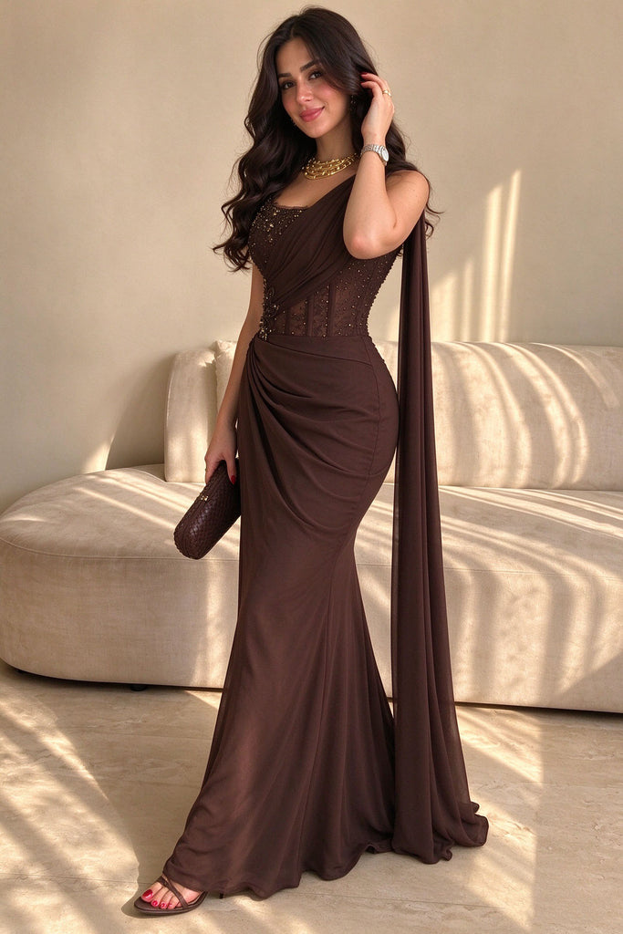 Brown Draped One Shoulder Mermaid Prom Dress Chiffon Long Evening Gown,OLP2427