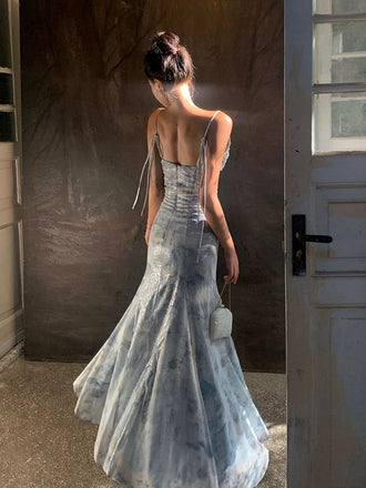 Elegant Blue Spaghetti Strap Mermaid Applique Long Prom Dress Ideas, Evening Party Dresses, OLP1346