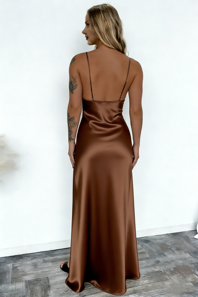 Elegant Brown Satin Prom Dress Sexy Ruched Bust Sleeveless High Slit Long Gown,OLP1717