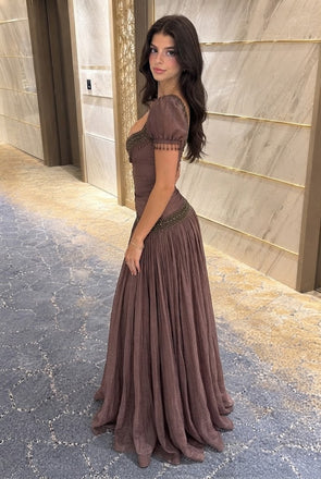 Classy Brown Short Puff Sleeve Pleated A Line Beaded Prom Dress,OLP2406