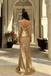 Glamorous Gold Sequin Formal Gown Ruched Bodycon Fit Off-Shoulder Sleeve,OLP2065