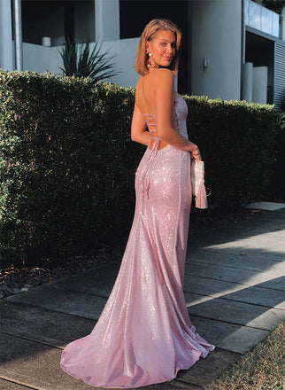Sparkly Pink Sequin Bodycon Prom Dress Strapless Floor Length Party Gown,OLP1795