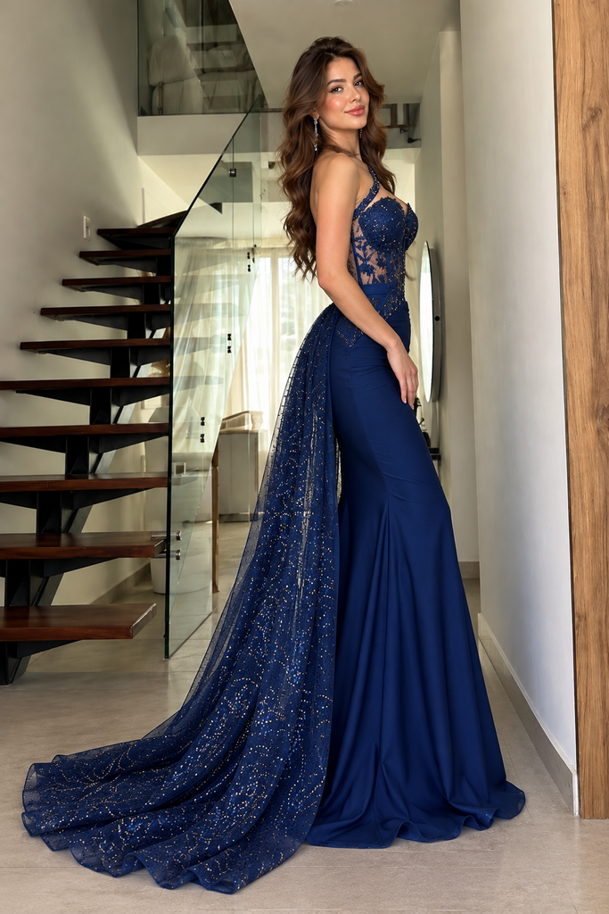 Unique Royal Blue One Shoulder Lace Sequined Long Prom Dress,OLP2505