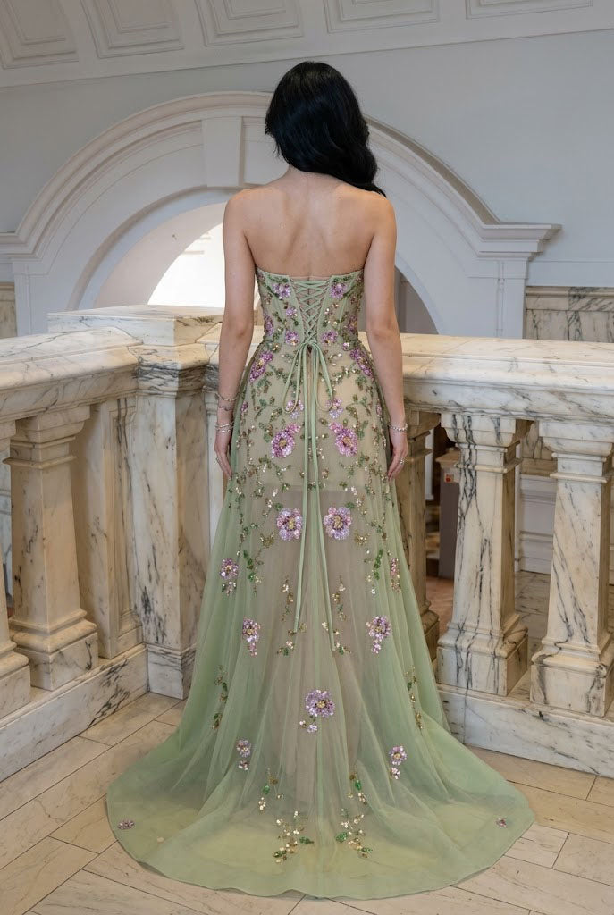 Vintage Sage Green Floral Embroidered Strapless Prom Dress Side Slit Style,OLP2302