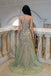 Vintage Sage Green Floral Embroidered Strapless Prom Dress Side Slit Style,OLP2302