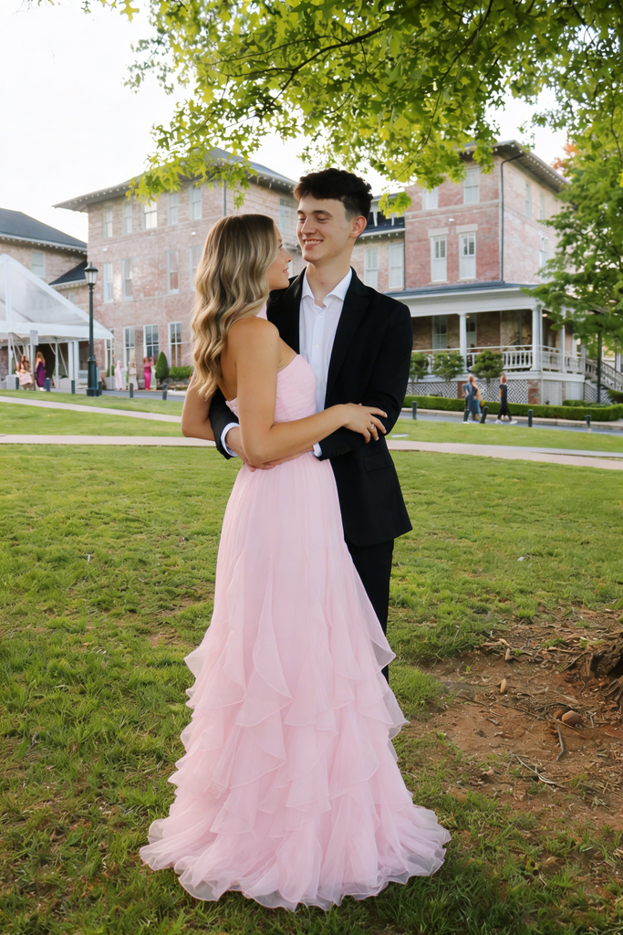 Elegant Blush Pink Tulle Prom Gown Halter Choker Neck Tiered Layered Skirt,OLP2113