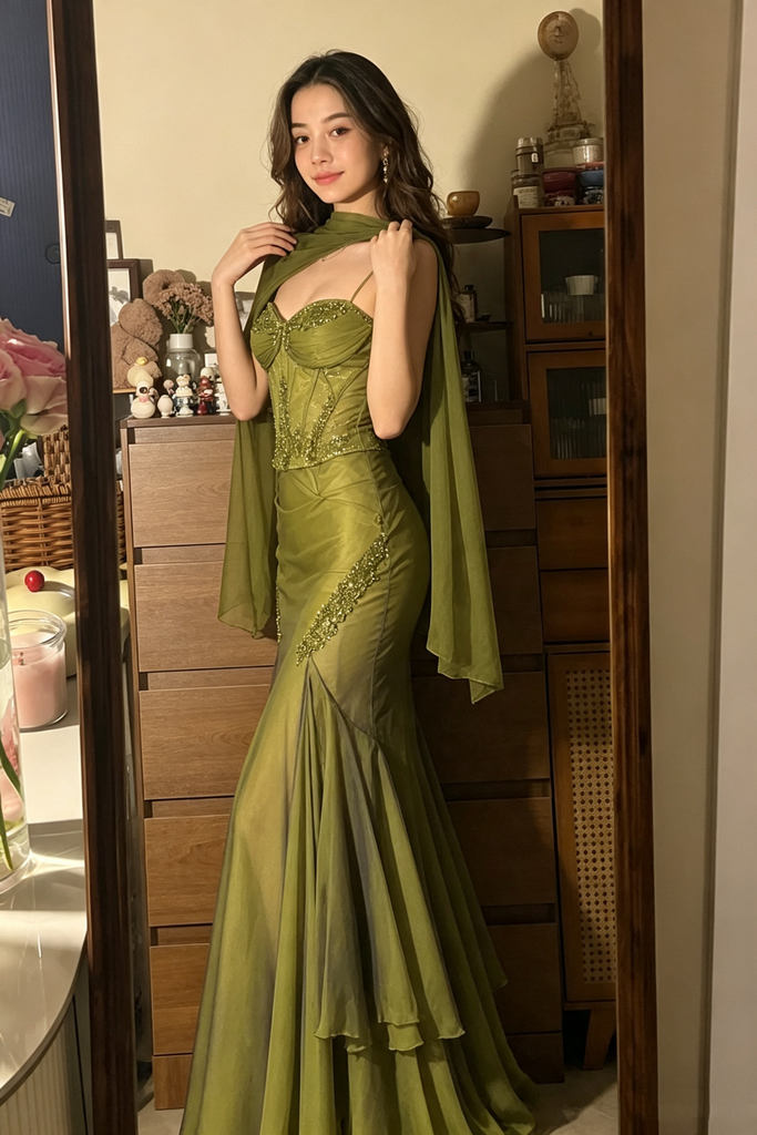 Sexy Olive Green Mermaid Prom Dress Sweetheart Neck Sleeveless Beaded Gown,OLP2353