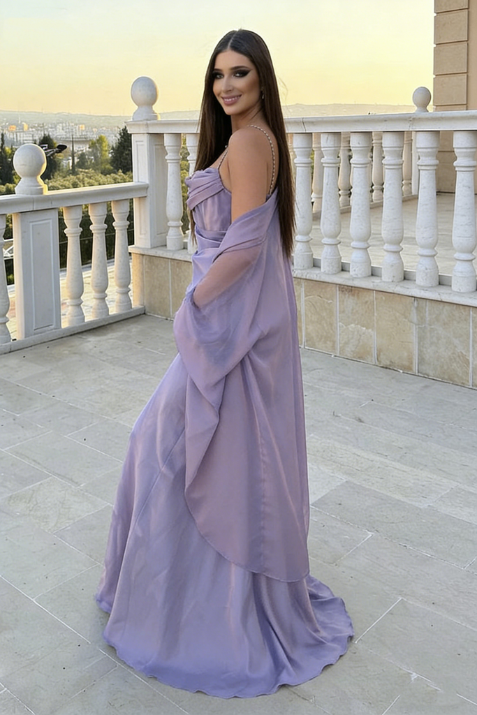 Classy Lavender Cowl Neck Satin Prom Dress Sheer Wrap,OLP2098