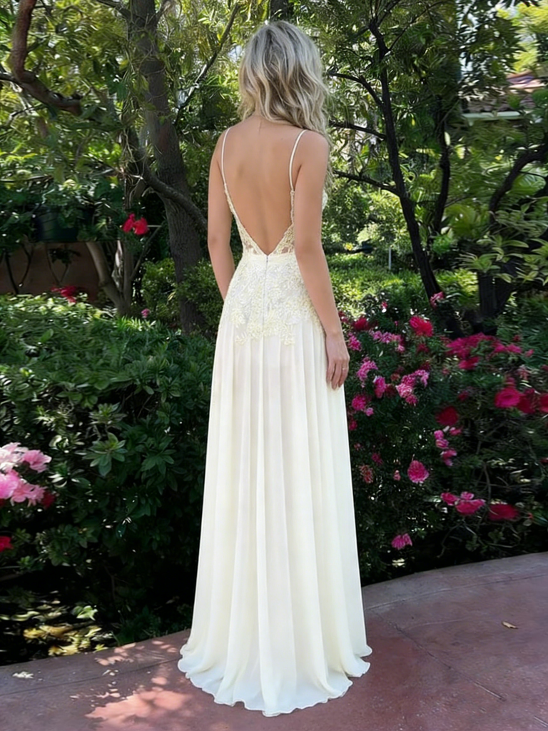 Fancy Ivory Lace Prom Gown Deep V-Neck Sleeveless Applique Chiffon Formal Dress,OLP1848