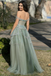 Romantic Green Glitter Tulle Layered Skirt Prom Gown with Off-Shoulder Sleeves,OLP2182