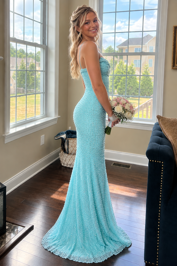 Unique Light Blue Cowl Neck Beaded Long Prom Dress,OLP2491