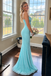 Unique Light Blue Cowl Neck Beaded Long Prom Dress,OLP2491