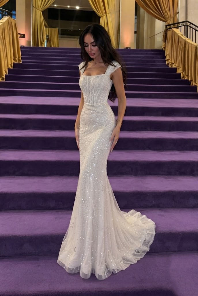 Sexy White Sparkly Sequin Square Neck Short Cap Sleeve Mermaid Maxi Prom Dress,OLP2364