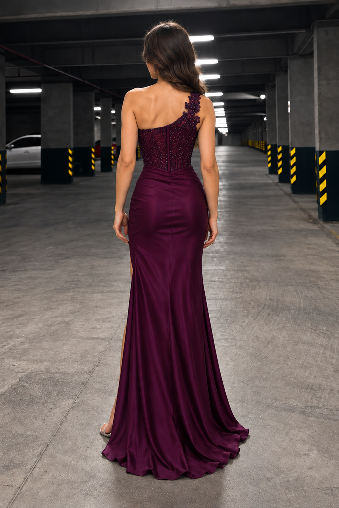 Sexy Purple One Shoulder High Slit Mermaid Long Satin Prom Dress,OLP2468