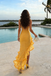 Yellow Two Piece Prom Dress Ruffle High Low Skirt Ruched Chiffon Beach Gown,OLP2056