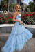 Unique Light Blue Tulle Prom Dress Tiered Ruffle Skirt Square Neck Corset Bodice,OLP2153
