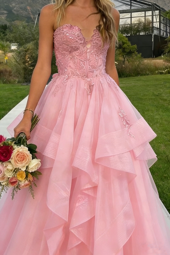 Unique Pink Tiered Tulle Ball Gown Strapless Applique Formal Prom Dress,OLP1802