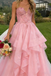 Unique Pink Tiered Tulle Ball Gown Strapless Applique Formal Prom Dress,OLP1802