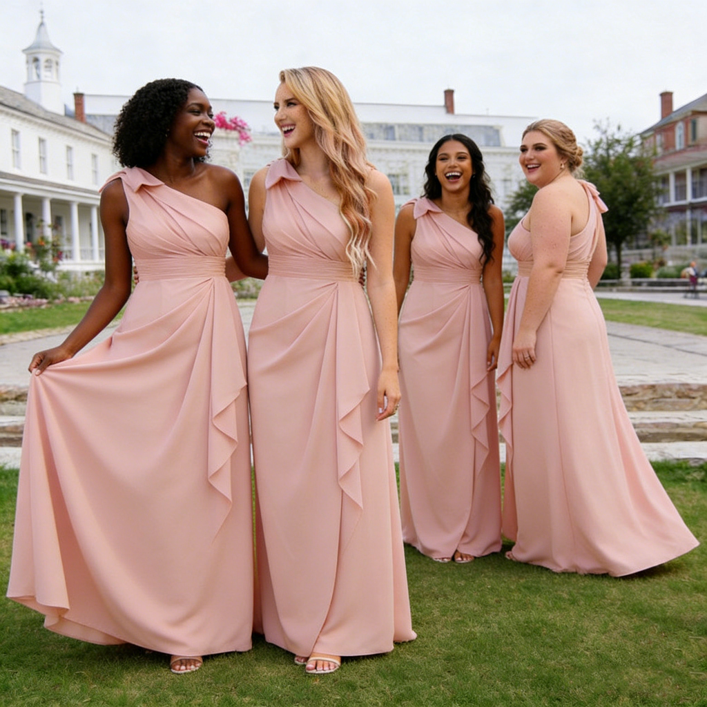 Chic One Shoulder Bridesmaid Dresses with Ruffle Slit Floor Length Chiffon,BG951