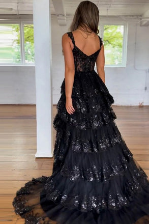 Sexy Black Spaghetti Strap High Low Long Prom Dress Ideas, Evening Party Dresses , OLP1233