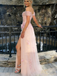 Unique Off-Shoulder Ruched Tulle Prom Dress with Floral Appliques,OLP1808