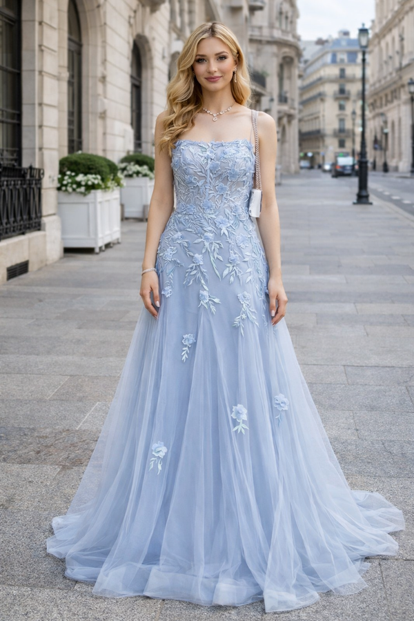 Ethereal Light Blue A-Line Tulle Evening Gown with 3D Floral Appliques,OLP1893