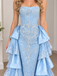 Unique Ice Blue Strapless Beaded Lace Ruffled Tiered Prom Dress,OLP252