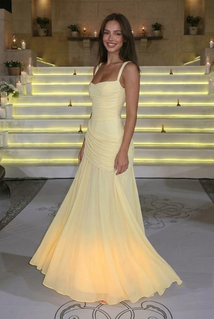 Beautiful Pastel Yellow Chiffon Evening Gown Sleeveless Ruched Floor Prom Dress,OLP2317