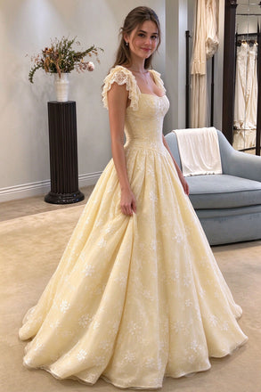 Classy Yellow Lace Flutter Sleeve A-Line Prom Dress,OLP2450