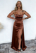 Elegant Brown Satin Prom Dress Sexy Ruched Bust Sleeveless High Slit Long Gown,OLP1717