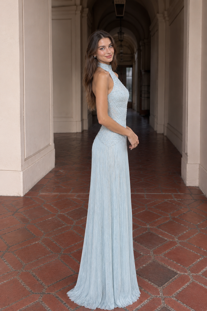 Pretty Ice Blue High Neck Beaded Pleated Sheath Prom Dress,OLP2482
