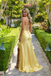Classy Yellow Satin Strapless Prom Gown Modern Cowl Neck High Slit Corset Party Dress,OLP1749