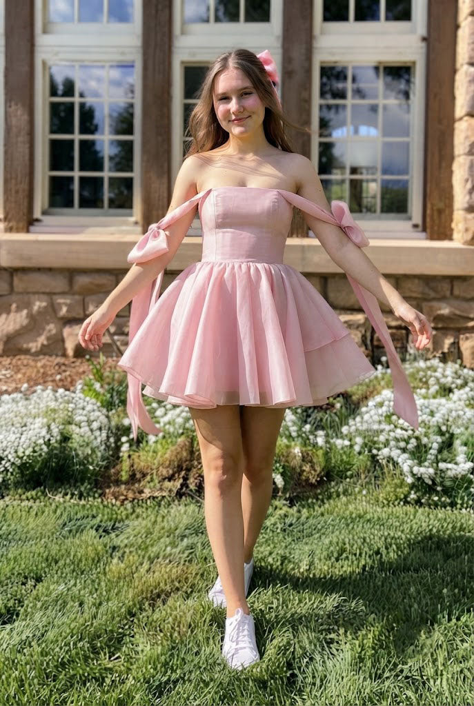 Cute Strapless Pink Organza Homecoming Dress with Bows Pretty Mini Party Gown,HD1293