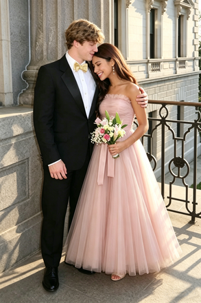 Classy Pink Pleated Tulle Prom Dress Strapless A Line Floor Length Gown,OLP2201