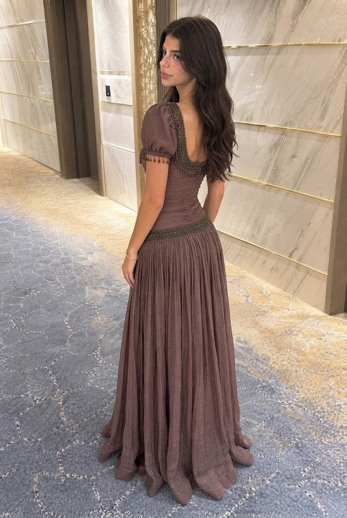 Classy Brown Short Puff Sleeve Pleated A Line Beaded Prom Dress,OLP2406