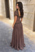Classy Brown Short Puff Sleeve Pleated A Line Beaded Prom Dress,OLP2406