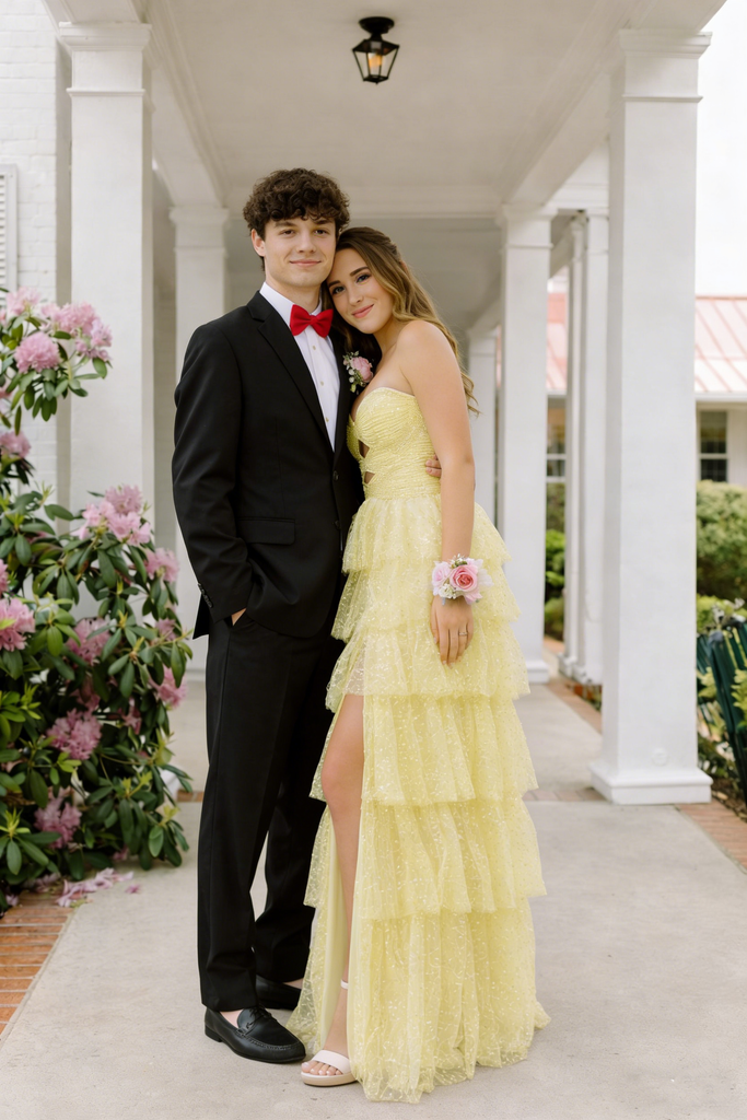 Sparkly Yellow Prom Gown Tiered Sequin Tulle Slit Sweetheart Formal Dress,OLP2167