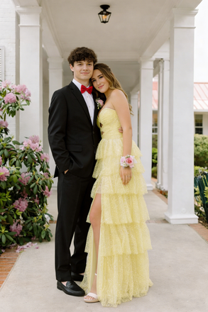 Sparkly Yellow Prom Gown Tiered Sequin Tulle Slit Sweetheart Formal Dress,OLP2167