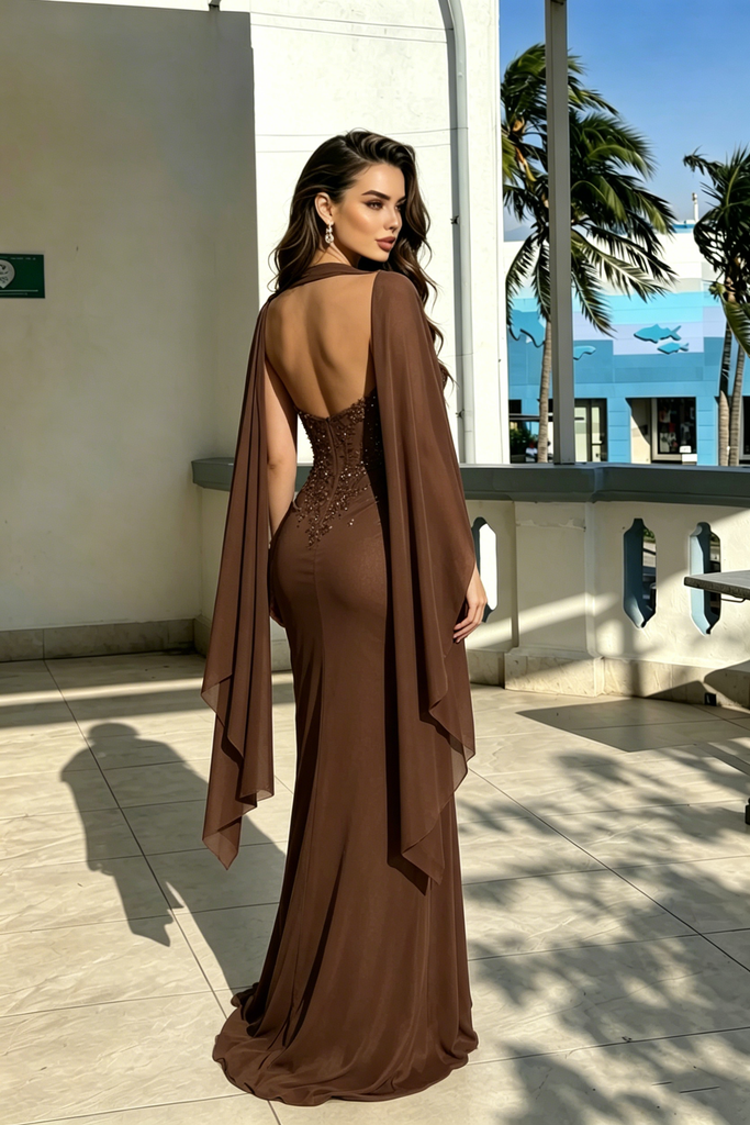 Coffee Brown Corset Prom Dress One Shoulder Cape Sleeve Beaded Mesh High Slit,OLP2259